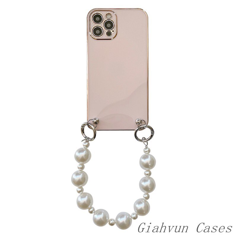 ins Korea Plating Big Pearl Strap Bracelet Soft Phone Case For iphone 13 12 Pro Max 11 Pro X XS XR Max 6S 7 8 Plus Mini SE Cover