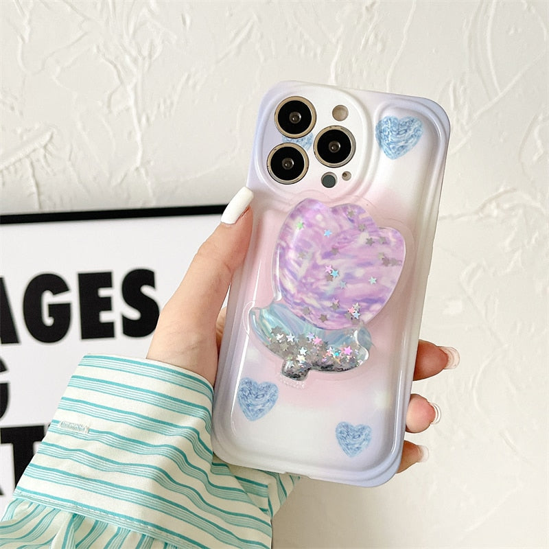 Cute Glitter Flower Bracket Butterfly Stand Phone Case for iPhone 13 12 11 Pro Max X XR XS Max 12 Pro Trendy Air Cushion Cover