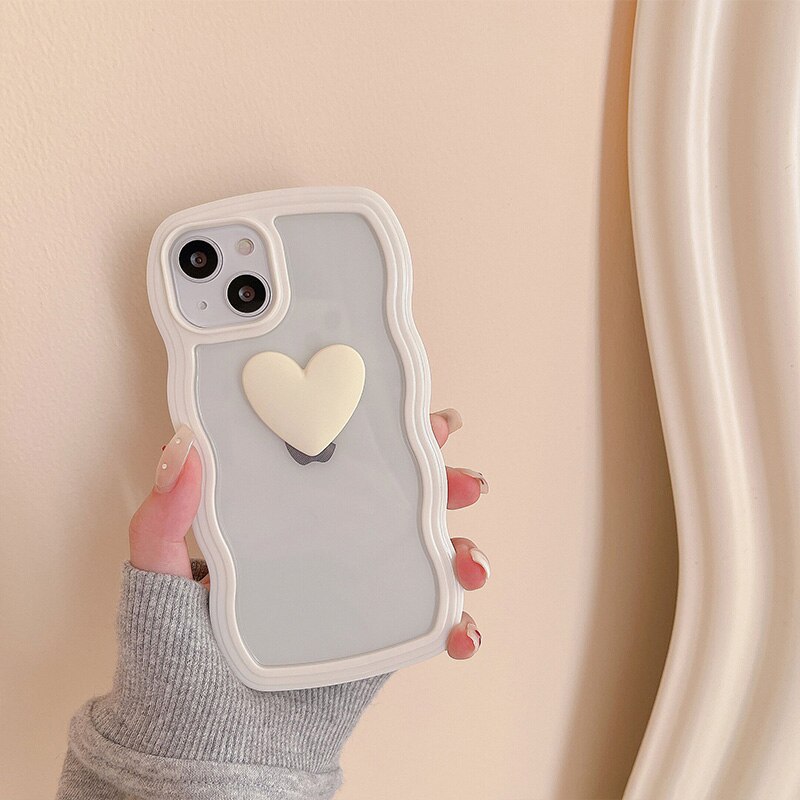Japan Korea candy colors 3D Love heart wavy cream border clear soft phone case for iphone 12 11 13 Pro XR X XS Max cartoon cover