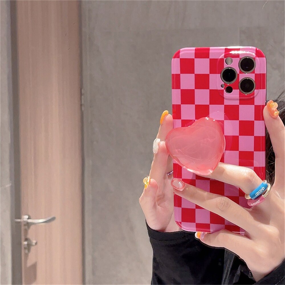 2022 Hot cute checkerboard 3D crystal Love Heart Bracket soft phone case for iphone 12 11 13 Pro Max X XS XR Max girl gift Cover