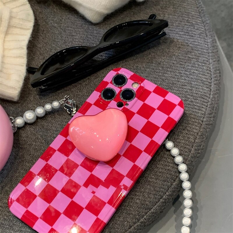 2022 Hot cute checkerboard 3D crystal Love Heart Bracket soft phone case for iphone 12 11 13 Pro Max X XS XR Max girl gift Cover