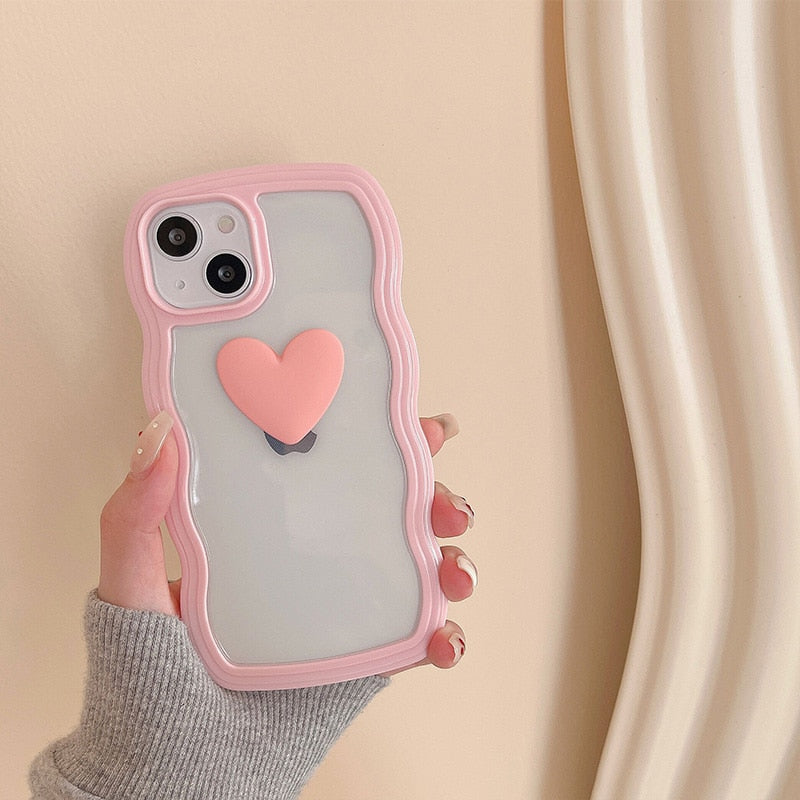 Japan Korea candy colors 3D Love heart wavy cream border clear soft phone case for iphone 12 11 13 Pro XR X XS Max cartoon cover
