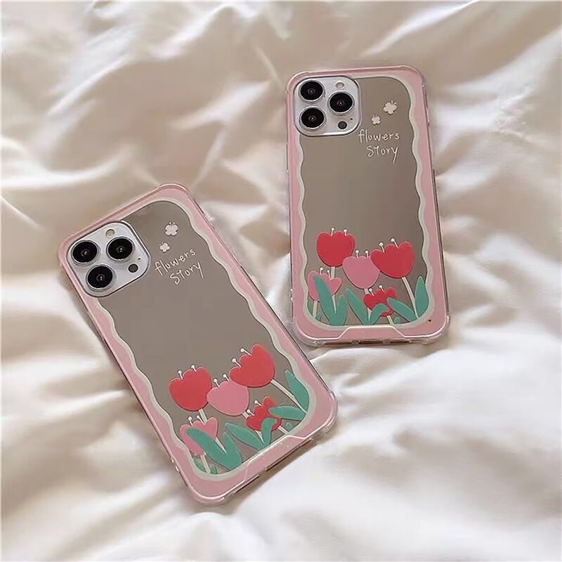 fashion Tulip Flower Mirror Phone Case For iPhone 7 plus 8 6s se 13 12 11 Pro XS Max X XR Shockproof Soft Back Cover bumper