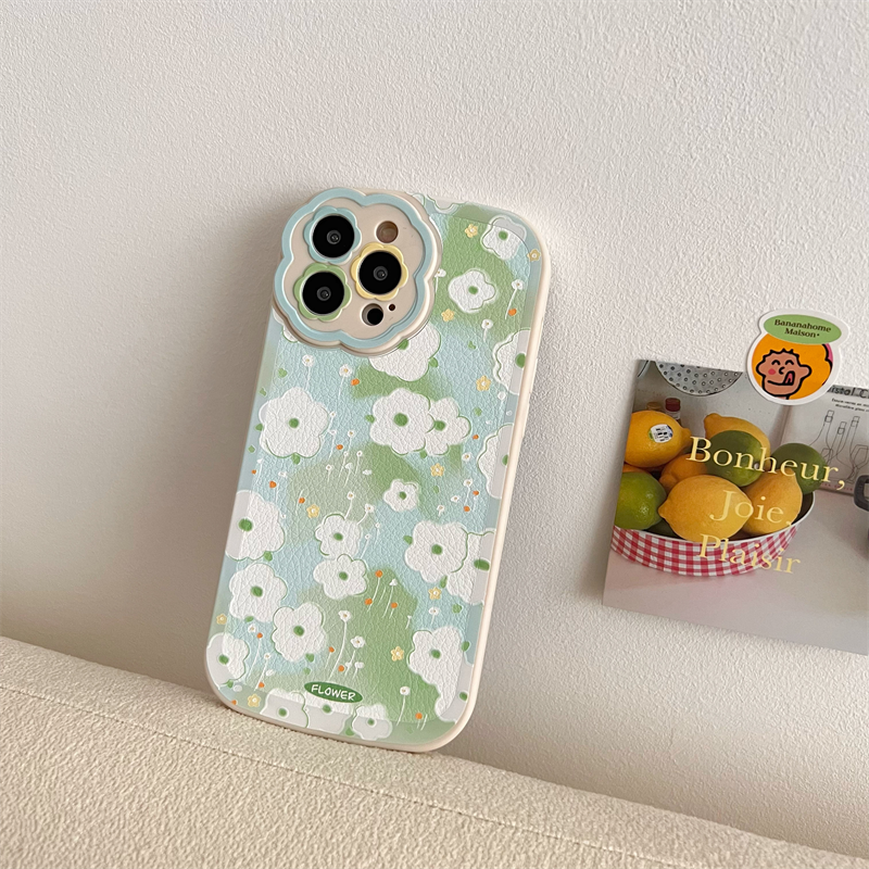 Korea Aesthetic Painting Green Flowers Lambskin Phone Case For iPhone 13 12 11 Pro XS Max X XR Lovely Soft Silicone Back Cover