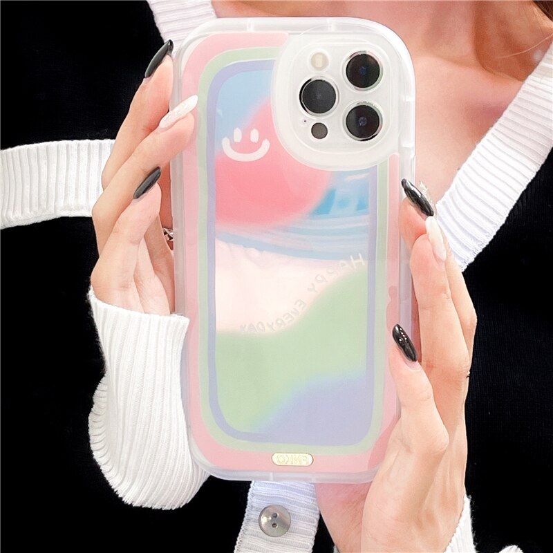 Laser love heart cute smiley rainbow silicone soft phone case for iphone 13 Pro 12 11Pro Max Xs Xr 7 Plus X cover Lens protecti
