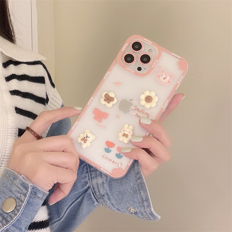 Tranparent Phone Case For iPhone 11 12 13 Pro Max 7 8 Plus Cartoon 3D Lovely Flowers Bear Camera Lens Protection Back Cover