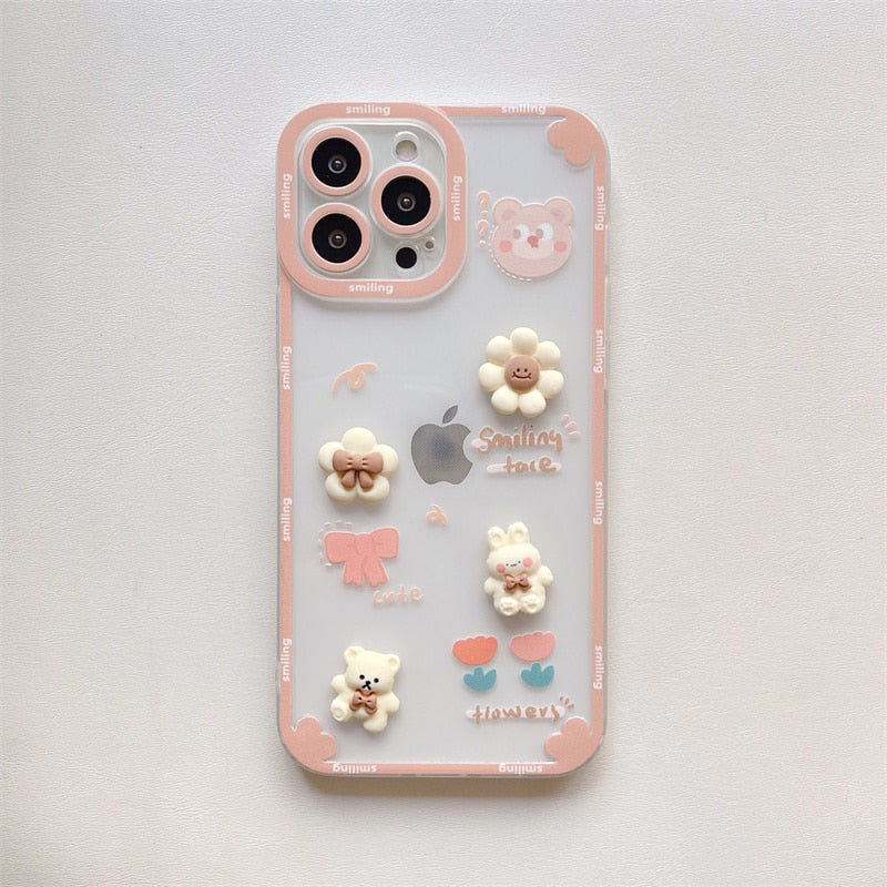 Tranparent Phone Case For iPhone 11 12 13 Pro Max 7 8 Plus Cartoon 3D Lovely Flowers Bear Camera Lens Protection Back Cover