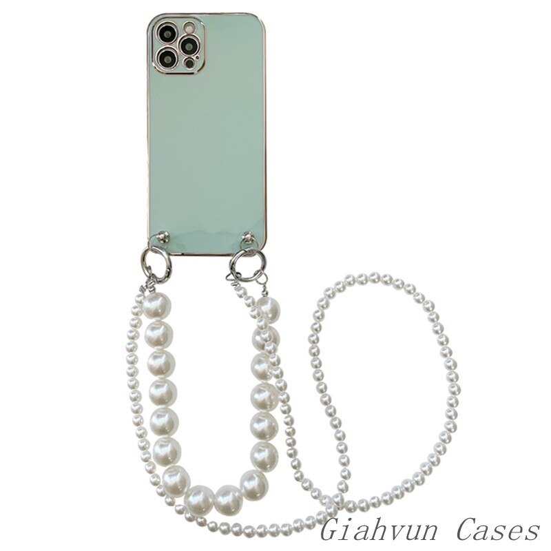 ins Korea Plating Big Pearl Strap Bracelet Soft Phone Case For iphone 13 12 Pro Max 11 Pro X XS XR Max 6S 7 8 Plus Mini SE Cover