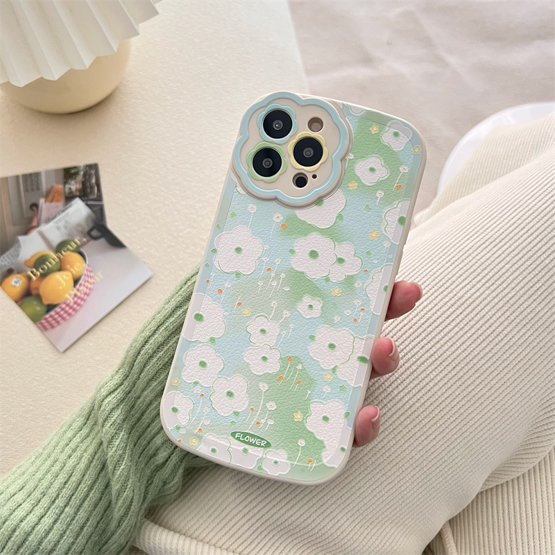 Korea Aesthetic Painting Green Flowers Lambskin Phone Case For iPhone 13 12 11 Pro XS Max X XR Lovely Soft Silicone Back Cover
