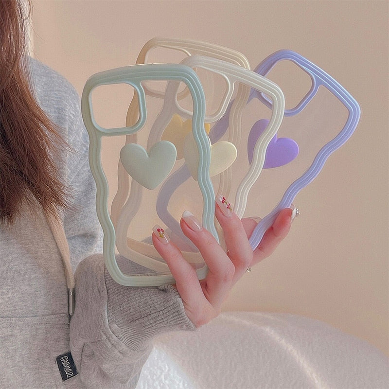 Japan Korea candy colors 3D Love heart wavy cream border clear soft phone case for iphone 12 11 13 Pro XR X XS Max cartoon cover