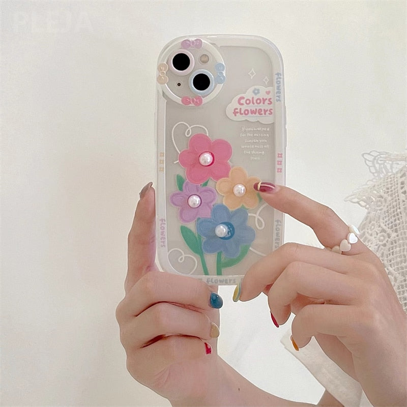 Luxury Cute Pearl Flower Phone Case for iPhone 13 12 11 Pro Max X XR XS Max 12 Pro Max Bumper Protection Cover Floral Clear Capa