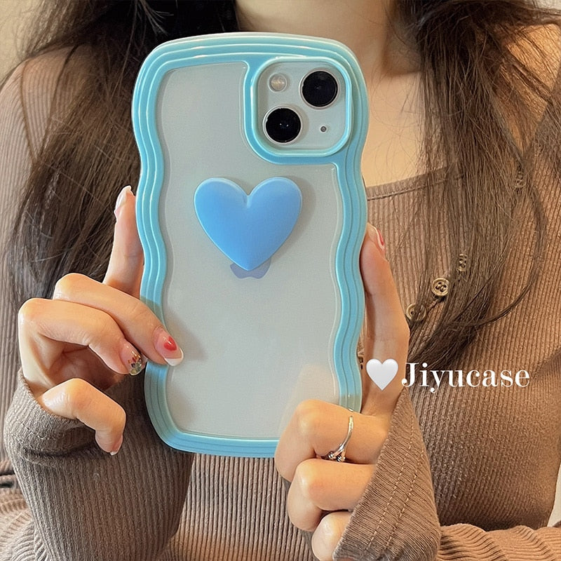 Japan Korea candy colors 3D Love heart wavy cream border clear soft phone case for iphone 12 11 13 Pro XR X XS Max cartoon cover