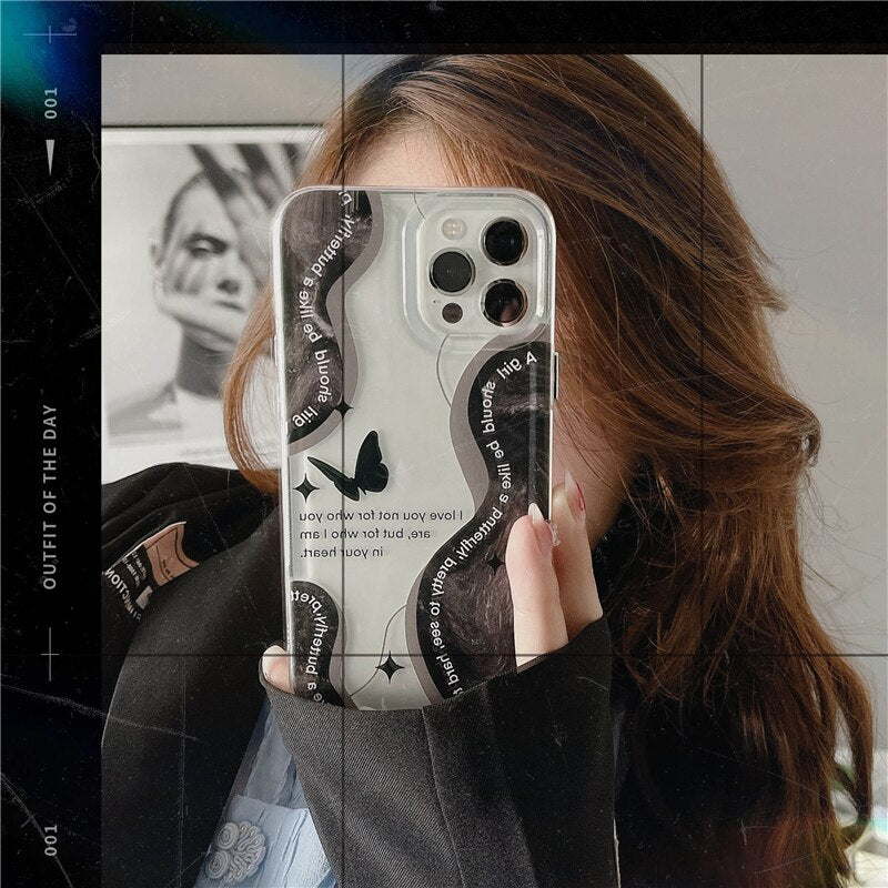 INS cool cute 3D black dream butterfly handle holder clear soft phone case for iphone 13 Pro Max 12 11 7 8 plus X bracket Cover