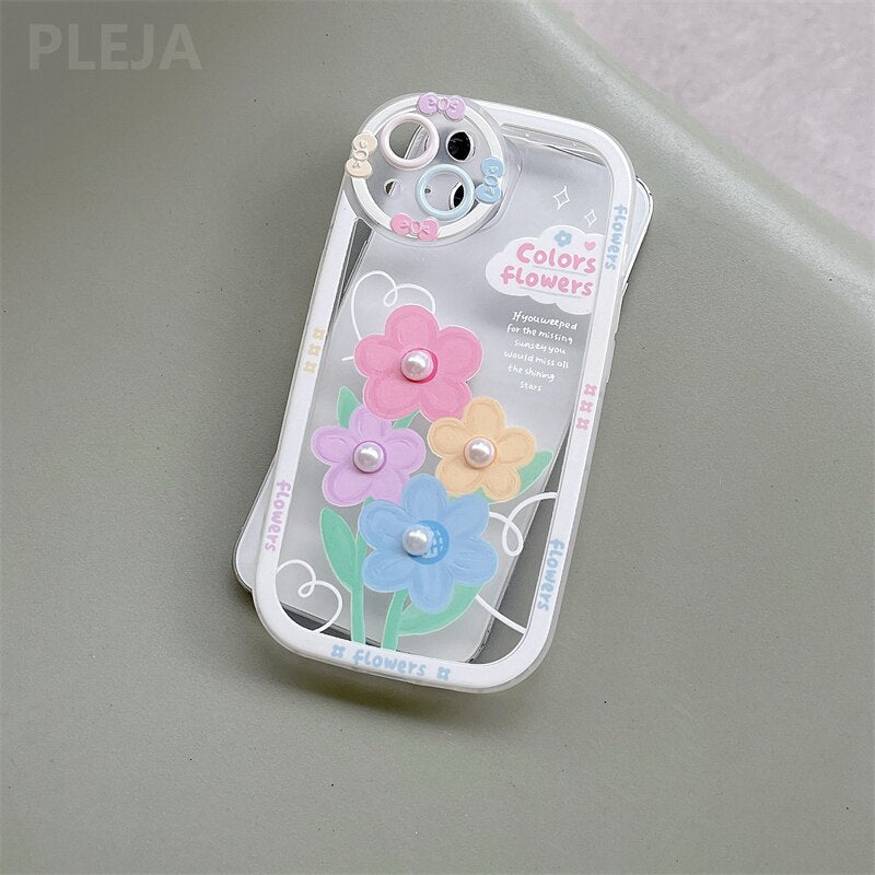 Luxury Cute Pearl Flower Phone Case for iPhone 13 12 11 Pro Max X XR XS Max 12 Pro Max Bumper Protection Cover Floral Clear Capa