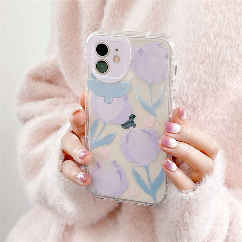New INS Cute Tulip Lens Protective Transparent Shockproof Phone Case For iPhone 13 12 11 Pro Max X XR XS Max Lovely Soft Cover