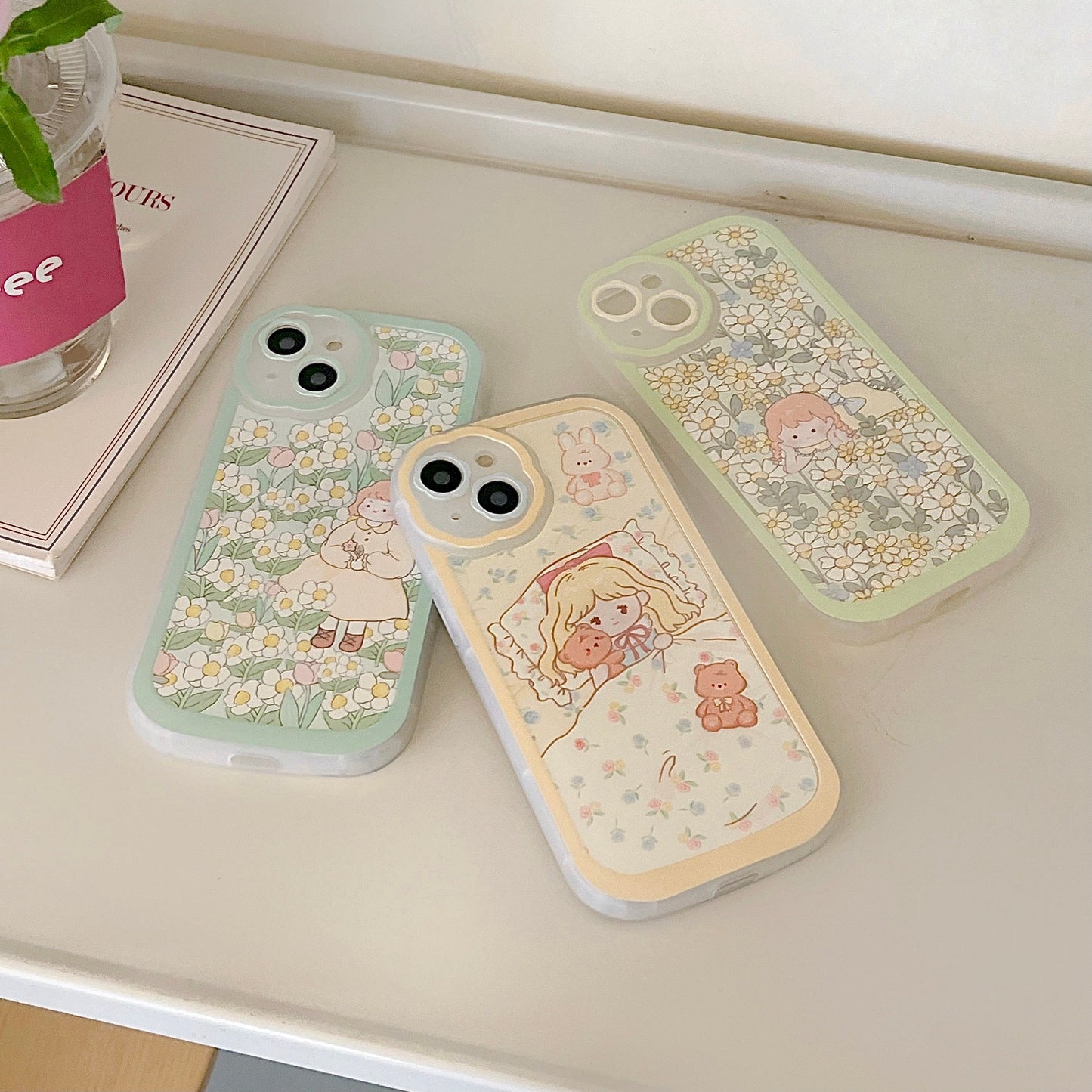 Korean Cute Bear Daisy Floral Girl Kawaii Phone Case For iPhone 13 12 11 Pro XS Max X XR Shockproof Soft Cover