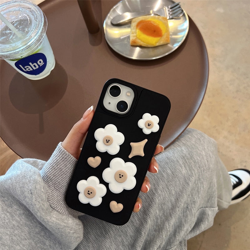 Korean Cute Cartoon 3D Clay Flower Smiley Phone Case For iPhone 13 12 11 Pro XS Max X XR 7 8 Plus Protective Soft Back Cover
