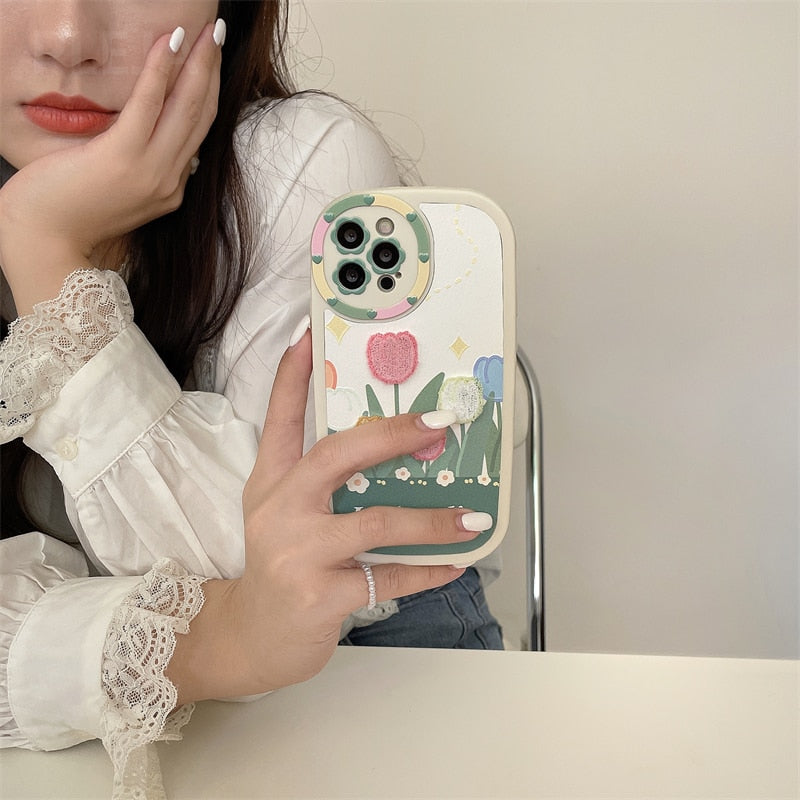 Trendy Embroidery Flower Phone Case for iPhone 13 12 11 Pro Max X XR XS Max 12 Pro Cute Floral Soft Silicone Cover Leather Funda