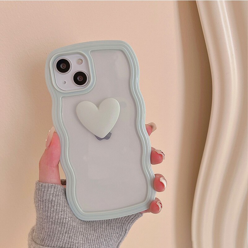 Japan Korea candy colors 3D Love heart wavy cream border clear soft phone case for iphone 12 11 13 Pro XR X XS Max cartoon cover