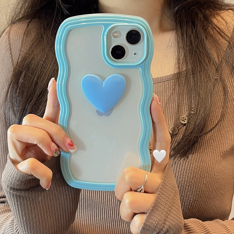 Japan Korea candy colors 3D Love heart wavy cream border clear soft phone case for iphone 12 11 13 Pro XR X XS Max cartoon cover