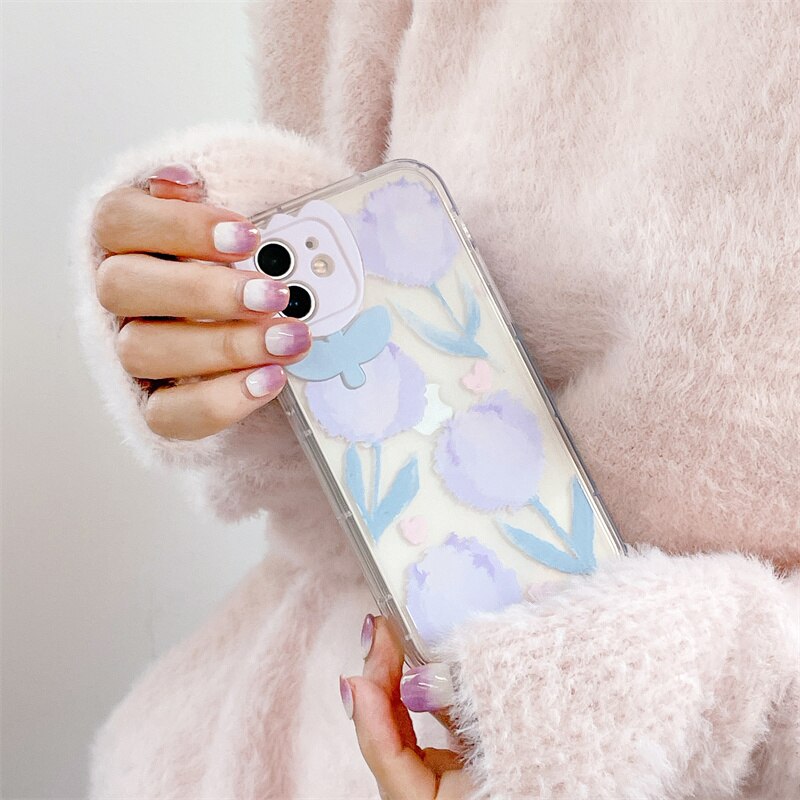 New INS Cute Tulip Lens Protective Transparent Shockproof Phone Case For iPhone 13 12 11 Pro Max X XR XS Max Lovely Soft Cover