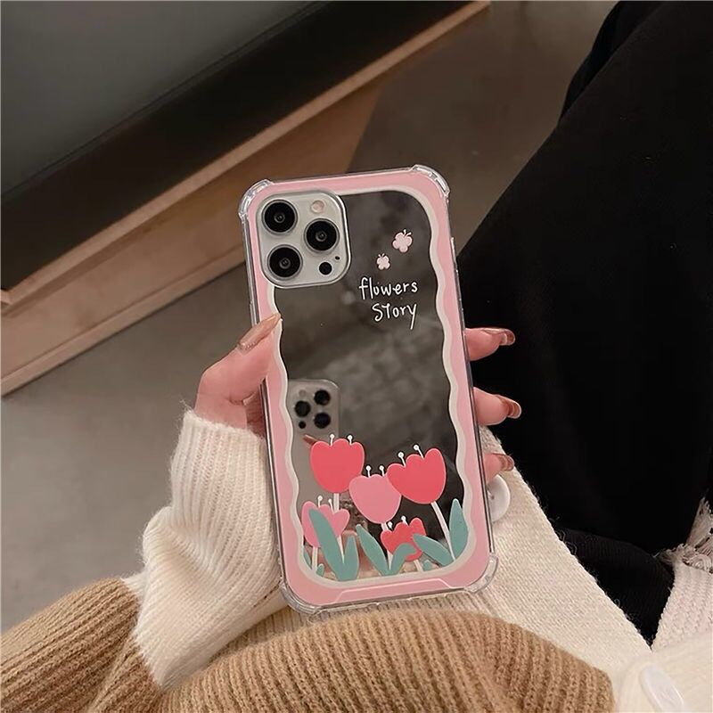 fashion Tulip Flower Mirror Phone Case For iPhone 7 plus 8 6s se 13 12 11 Pro XS Max X XR Shockproof Soft Back Cover bumper