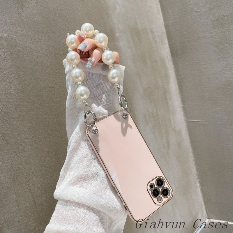 ins Korea Plating Big Pearl Strap Bracelet Soft Phone Case For iphone 13 12 Pro Max 11 Pro X XS XR Max 6S 7 8 Plus Mini SE Cover