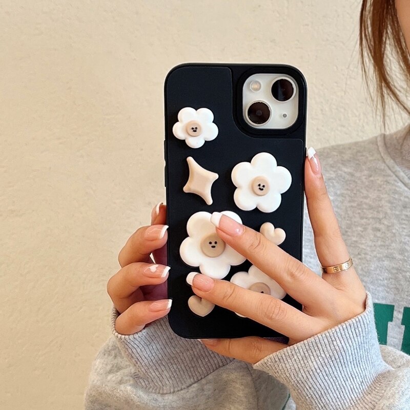 Korean Cute Cartoon 3D Clay Flower Smiley Phone Case For iPhone 13 12 11 Pro XS Max X XR 7 8 Plus Protective Soft Back Cover
