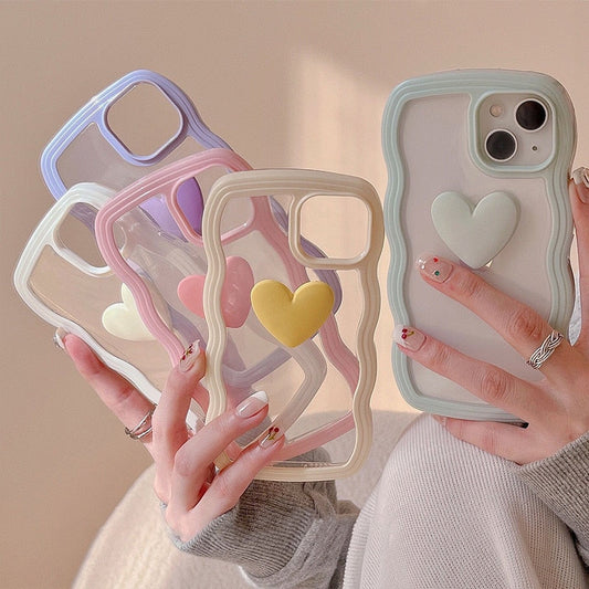 Japan Korea candy colors 3D Love heart wavy cream border clear soft phone case for iphone 12 11 13 Pro XR X XS Max cartoon cover
