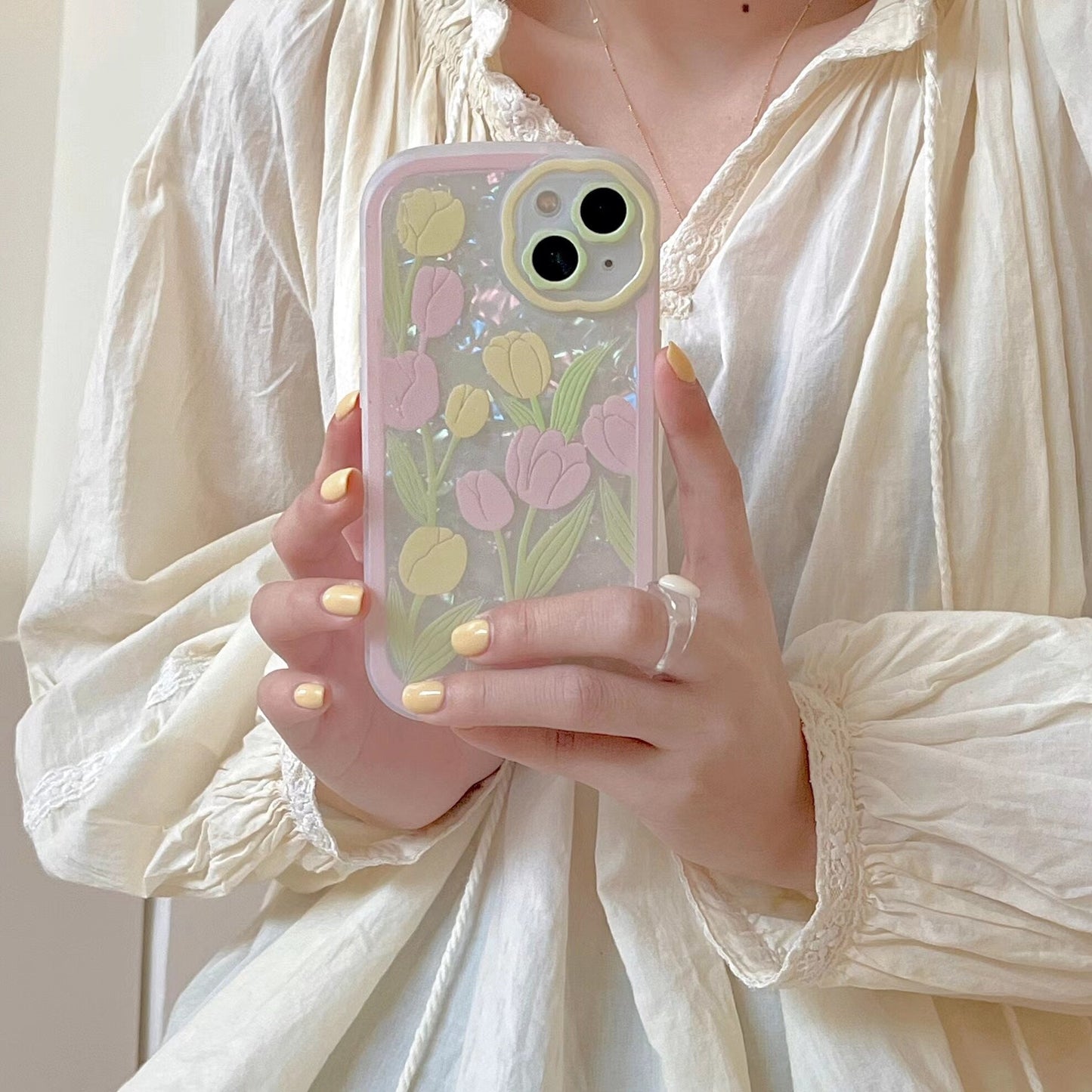 Korean Cute Pattern Yellow Pink Tulip Flowers Phone Case For iPhone 13 12 11 Pro XS Max X XR Kawaii Shockproof Soft Cover