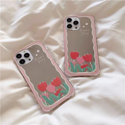 fashion Tulip Flower Mirror Phone Case For iPhone 7 plus 8 6s se 13 12 11 Pro XS Max X XR Shockproof Soft Back Cover bumper