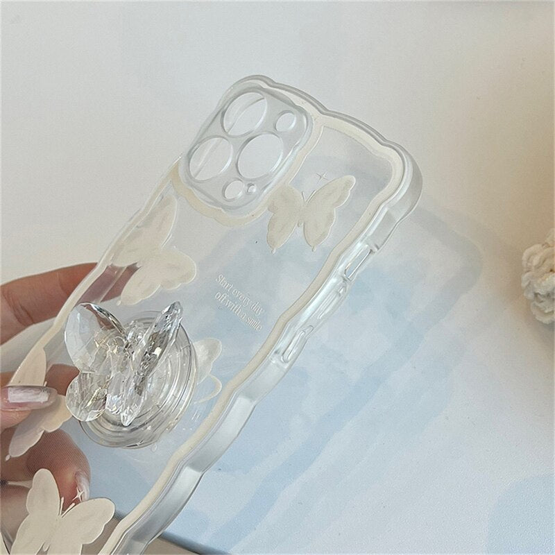 Korea Hot cute crystal butterfly bracket wavey clear soft phone case for iphone 13 12 11 Pro XS Max X 7 8Plus lovely stand Cover