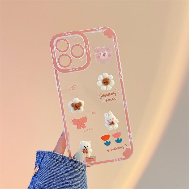 Tranparent Phone Case For iPhone 11 12 13 Pro Max 7 8 Plus Cartoon 3D Lovely Flowers Bear Camera Lens Protection Back Cover