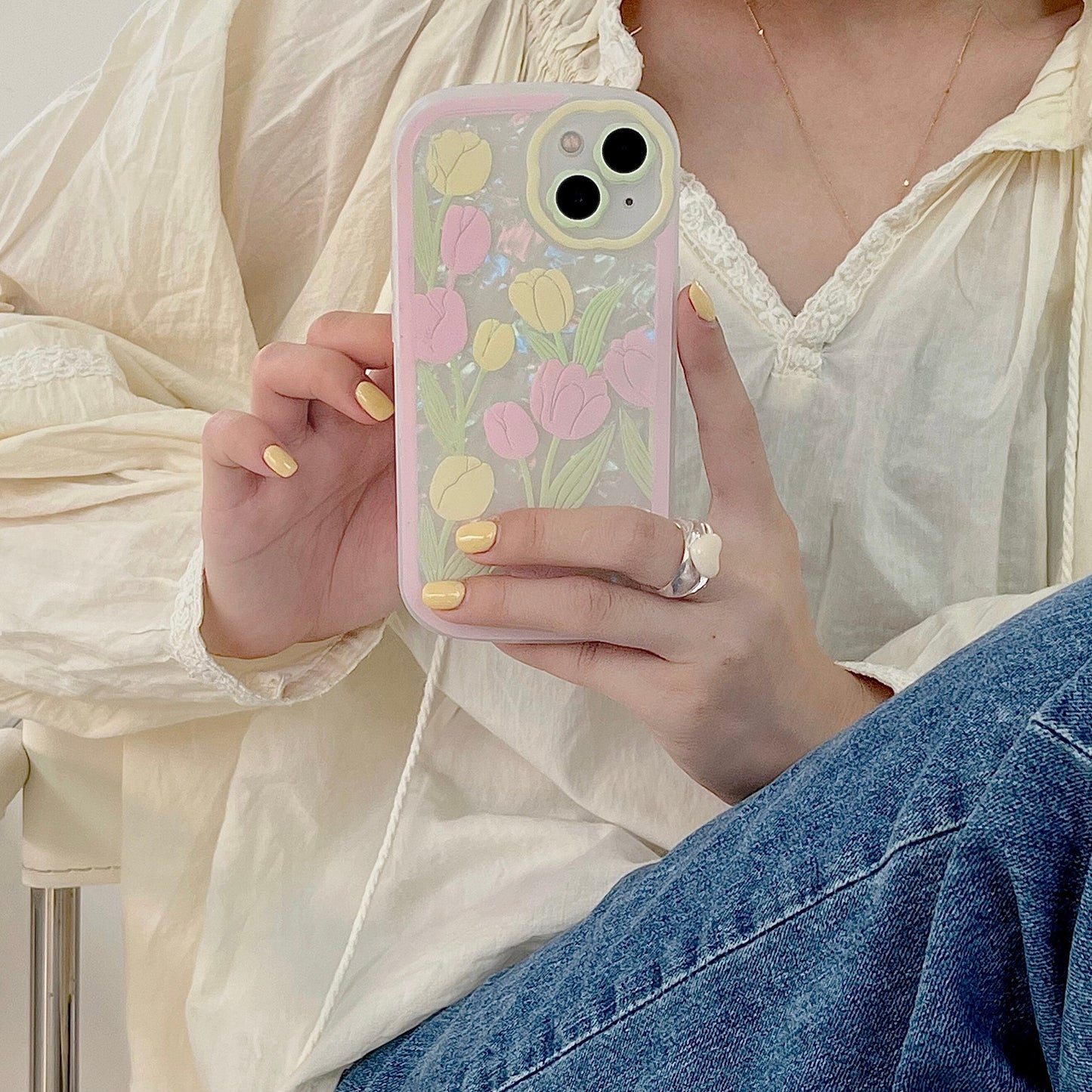 Korean Cute Pattern Yellow Pink Tulip Flowers Phone Case For iPhone 13 12 11 Pro XS Max X XR Kawaii Shockproof Soft Cover