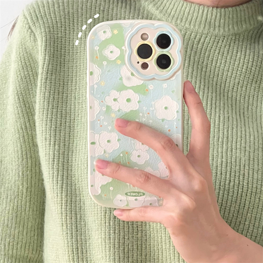 Korea Aesthetic Painting Green Flowers Lambskin Phone Case For iPhone 13 12 11 Pro XS Max  X XR Lovely Soft Silicone Back Cover