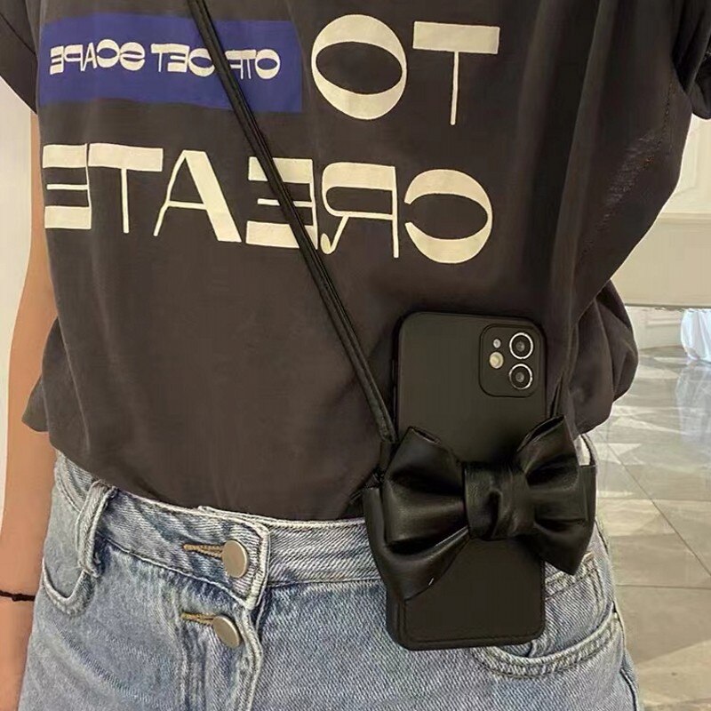 ins Korea 3D Leather Bow Card Pocket Lanyard Phone Case For iphone 11 12 13 Pro Max Pro X XR XS 7 8 Plus Plus 6S SE Cover capa