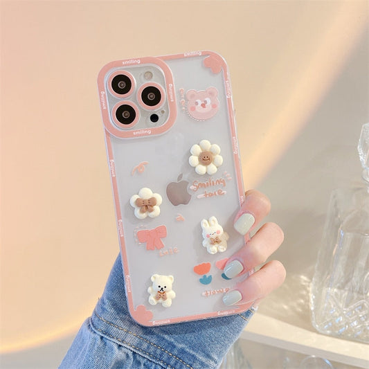 Tranparent Phone Case For iPhone 11 12 13 Pro Max 7 8 Plus Cartoon 3D Lovely Flowers Bear Camera Lens Protection Back Cover