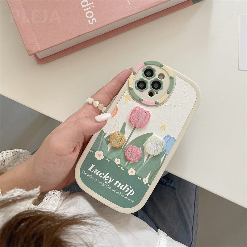 Trendy Embroidery Flower Phone Case for iPhone 13 12 11 Pro Max X XR XS Max 12 Pro Cute Floral Soft Silicone Cover Leather Funda