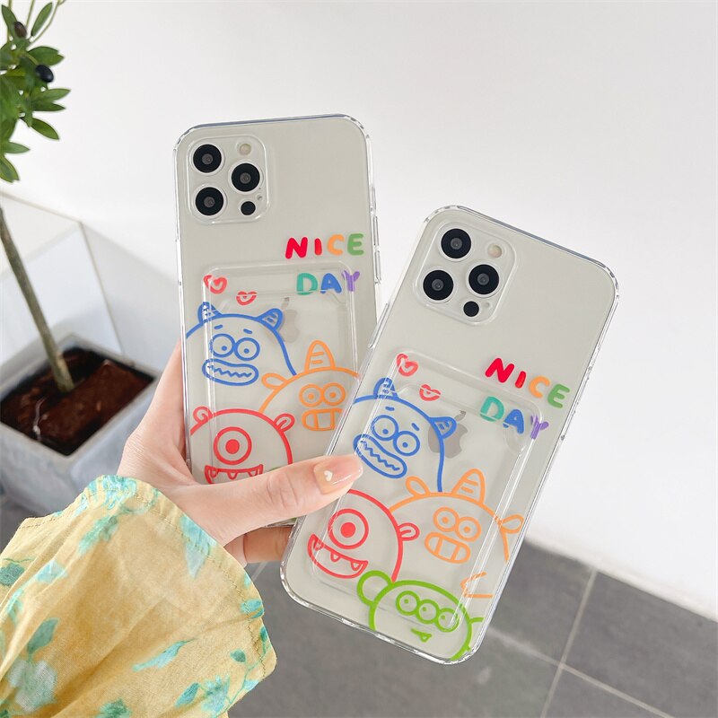 Cute Painted Little Monster Card slot wallet Phone Case For iPhone 12 11 Pro Max XR X XS 7 8 Plus SE 2020 Bumper Soft Back Cover
