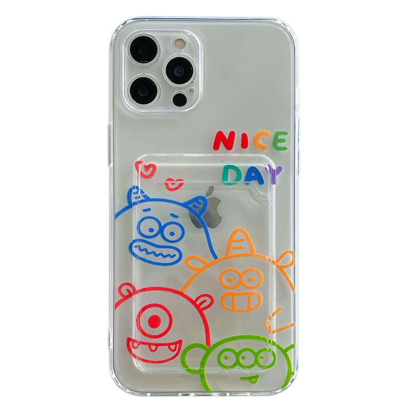 Cute Painted Little Monster Card slot wallet Phone Case For iPhone 12 11 Pro Max XR X XS 7 8 Plus SE 2020 Bumper Soft Back Cover