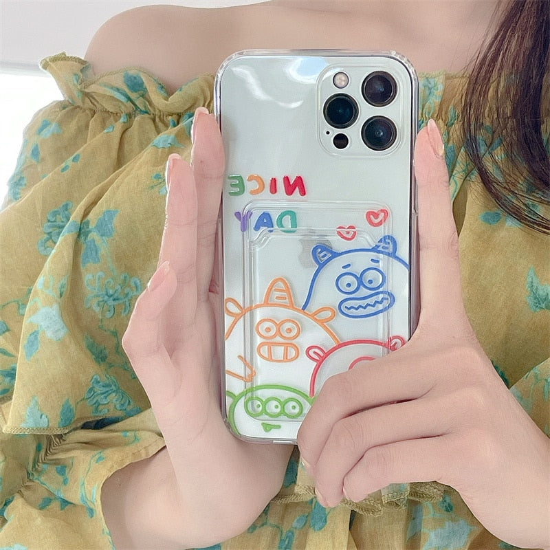 Cute Painted Little Monster Card slot wallet Phone Case For iPhone 12 11 Pro Max XR X XS 7 8 Plus SE 2020 Bumper Soft Back Cover