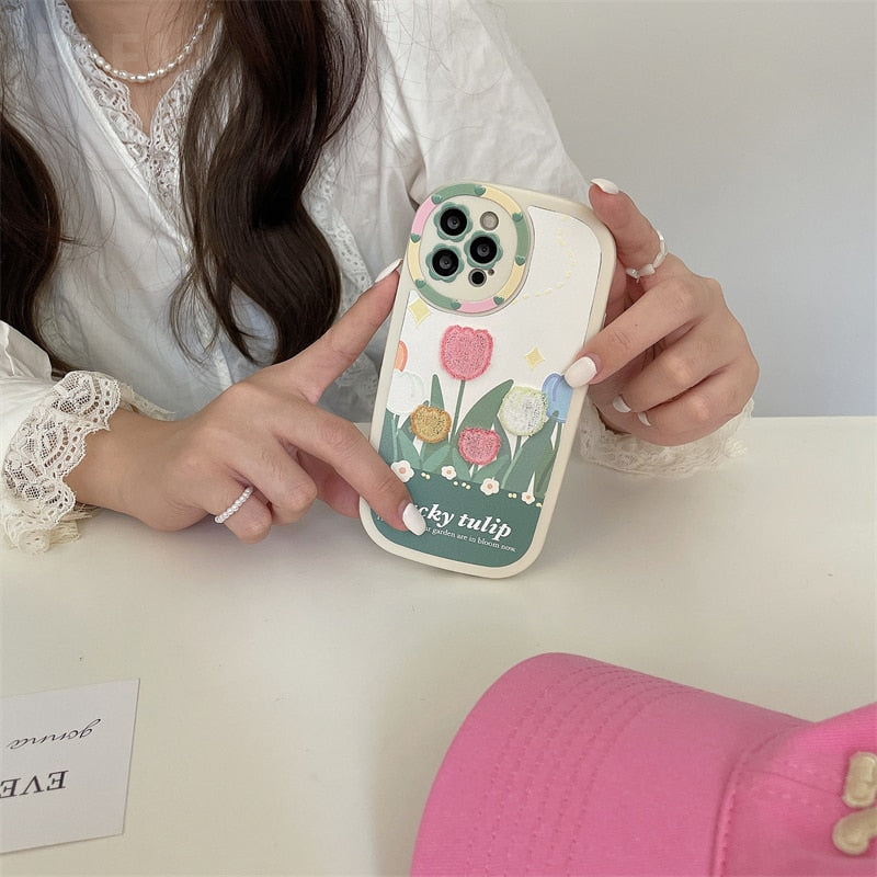 Trendy Embroidery Flower Phone Case for iPhone 13 12 11 Pro Max X XR XS Max 12 Pro Cute Floral Soft Silicone Cover Leather Funda
