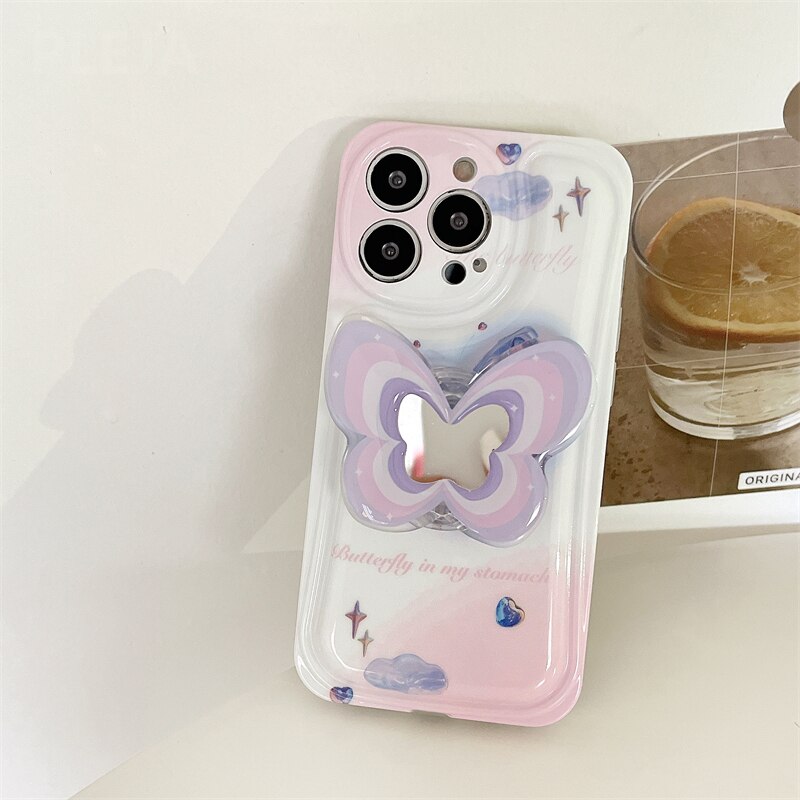 Cute Glitter Flower Bracket Butterfly Stand Phone Case for iPhone 13 12 11 Pro Max X XR XS Max 12 Pro Trendy Air Cushion Cover