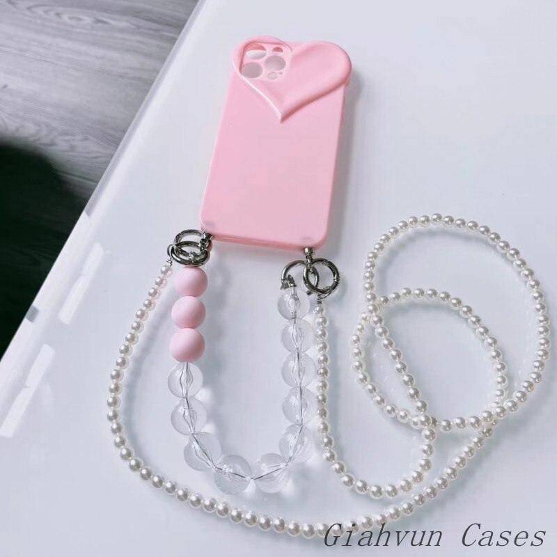 Soft Candy Colored 3D Love Necklace Chain Phone Case For iphone 12 13 Pro Max 11 ProMax 7 8 Plus X XR XS Max SE 2022 Strap Cover