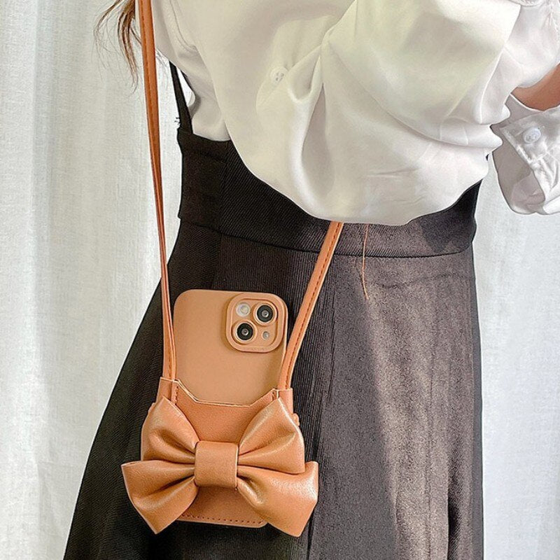 ins Korea 3D Leather Bow Card Pocket Lanyard Phone Case For iphone 11 12 13 Pro Max Pro X XR XS 7 8 Plus Plus 6S SE Cover capa