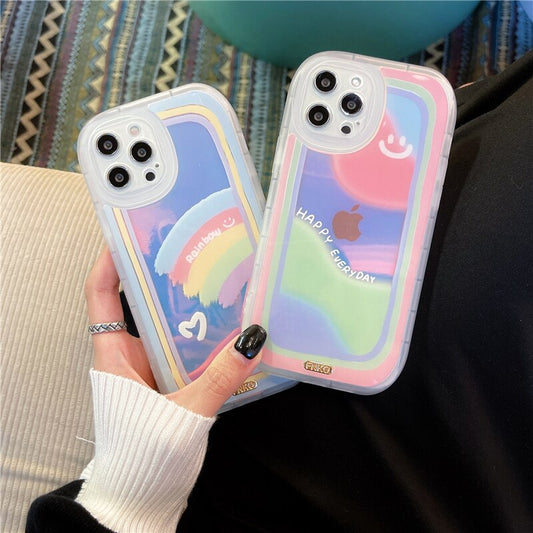 Laser love heart cute smiley rainbow silicone soft phone case for iphone  13 Pro 12 11Pro Max Xs Xr 7 Plus X cover Lens protecti
