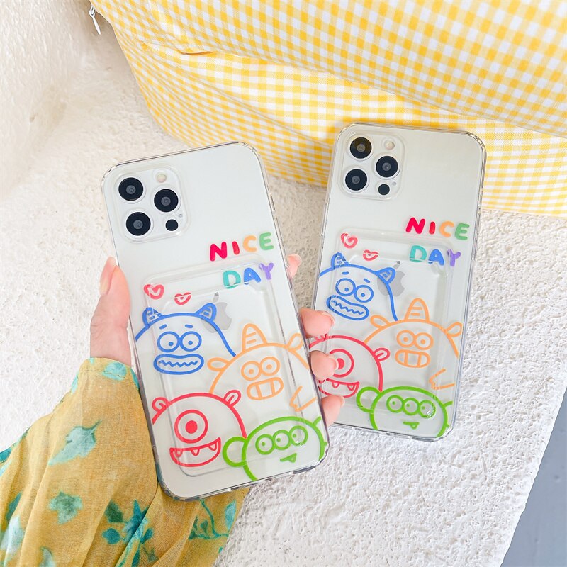 Cute Painted Little Monster Card slot wallet Phone Case For iPhone 12 11 Pro Max XR X XS 7 8 Plus SE 2020 Bumper Soft Back Cover