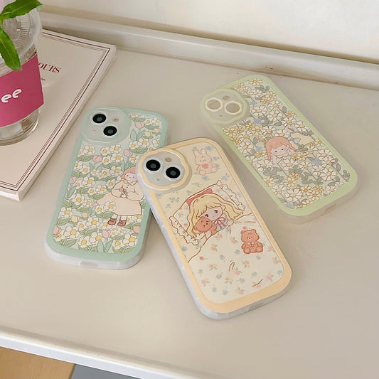 Korean Cute Bear Daisy Floral Girl Kawaii Phone Case For iPhone 13 12 11 Pro XS Max X XR Shockproof Soft Cover