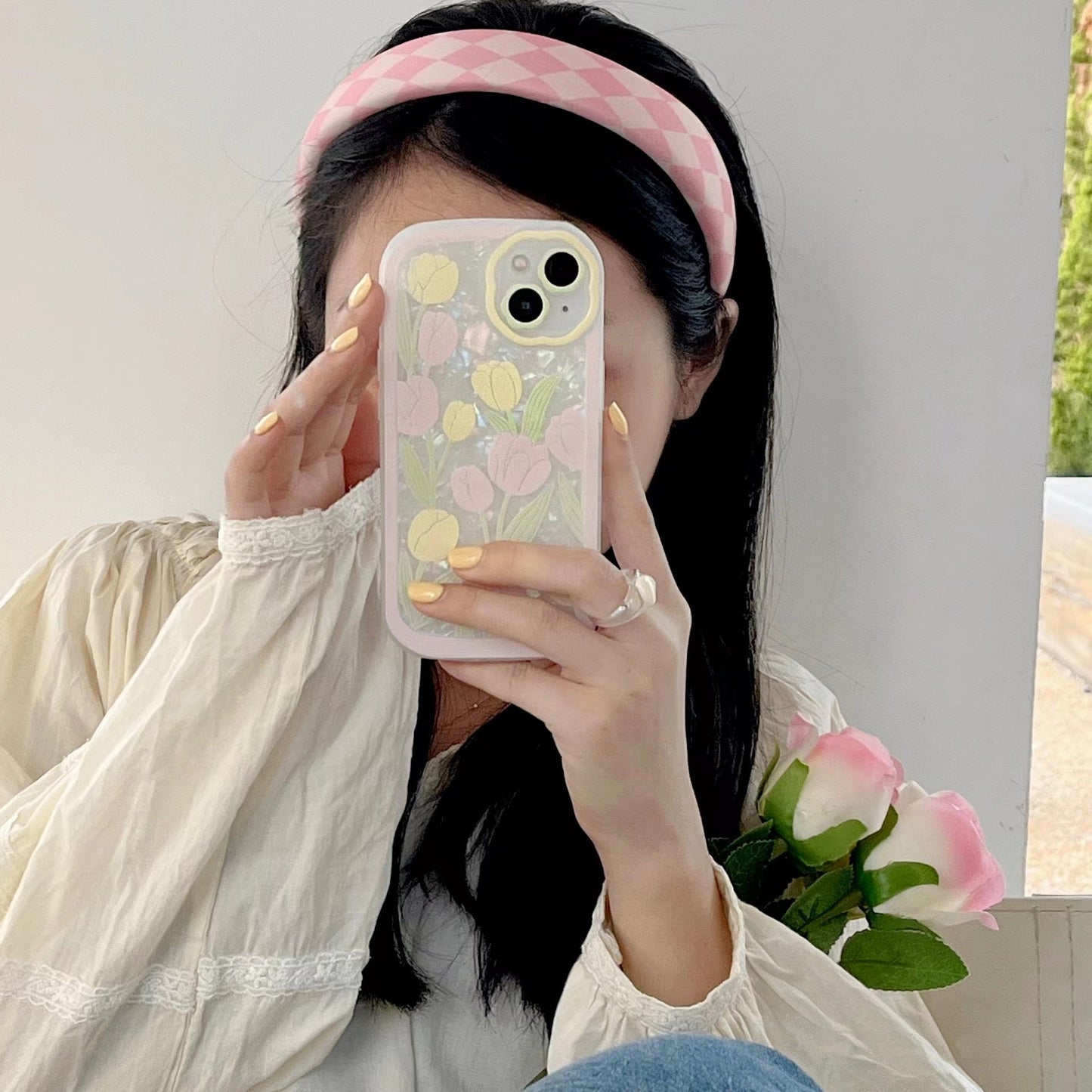 Korean Cute Pattern Yellow Pink Tulip Flowers Phone Case For iPhone 13 12 11 Pro XS Max X XR Kawaii Shockproof Soft Cover
