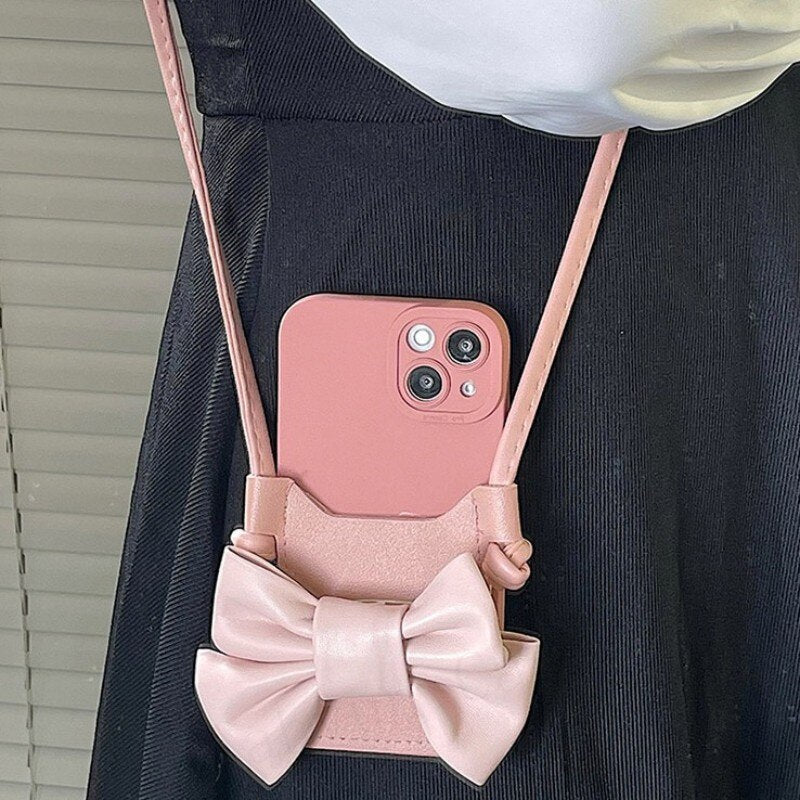 ins Korea 3D Leather Bow Card Pocket Lanyard Phone Case For iphone 11 12 13 Pro Max Pro X XR XS 7 8 Plus Plus 6S SE Cover capa